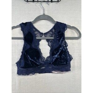 Victoria's Secret Velvet Bralette Sz S Navy Blue Deep V-Neck Lace Keyhole Back